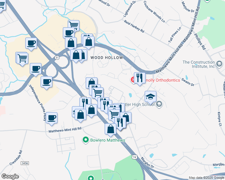 map of restaurants, bars, coffee shops, grocery stores, and more near 4010 Waiting Street in Matthews