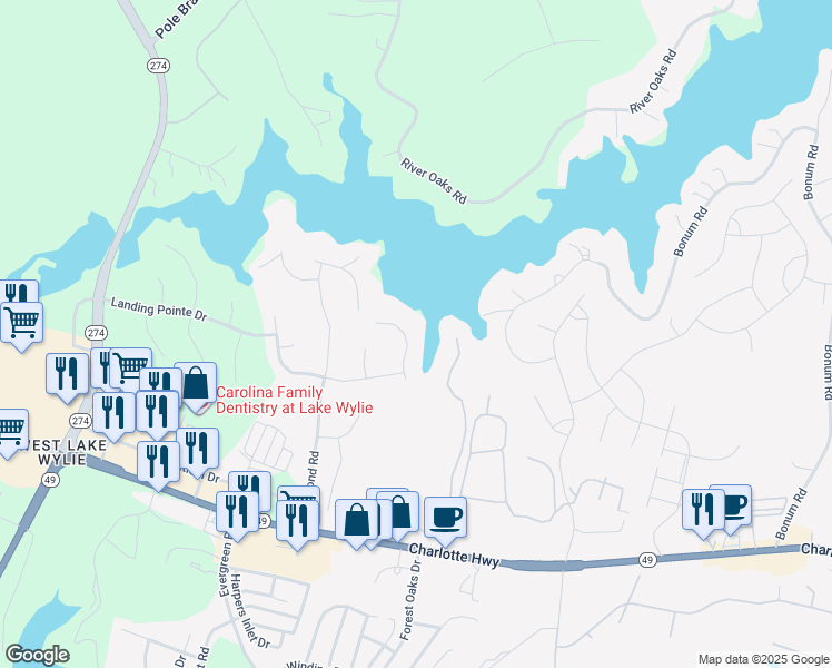 map of restaurants, bars, coffee shops, grocery stores, and more near 3335 Schooner Lane in Lake Wylie