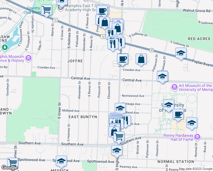 map of restaurants, bars, coffee shops, grocery stores, and more near 337 Ellsworth Street in Memphis