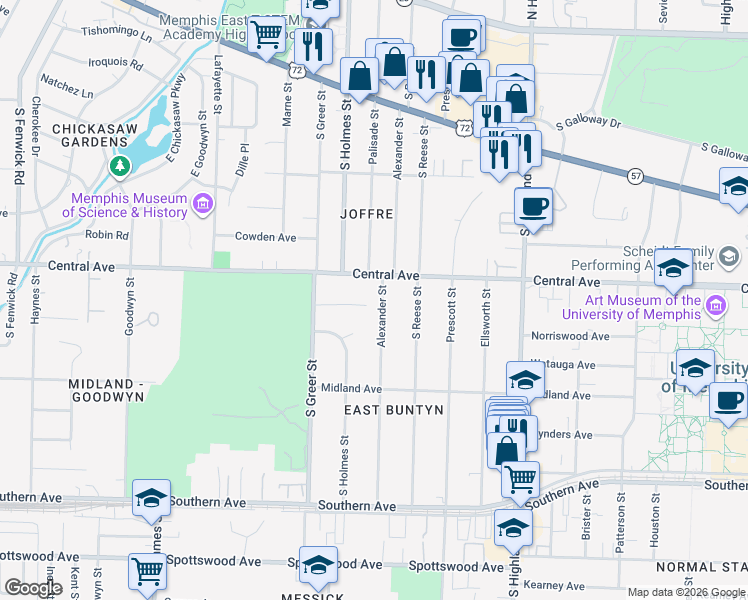 map of restaurants, bars, coffee shops, grocery stores, and more near 341 Alexander Street in Memphis