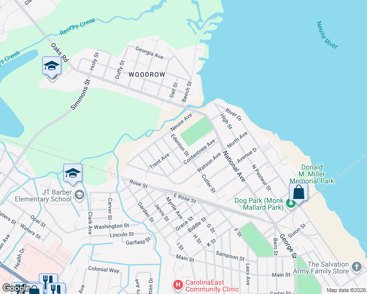 map of restaurants, bars, coffee shops, grocery stores, and more near 530 Contentnea Avenue in New Bern