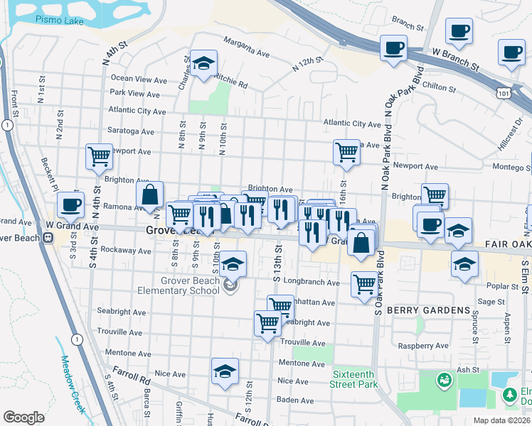 map of restaurants, bars, coffee shops, grocery stores, and more near in Grover Beach