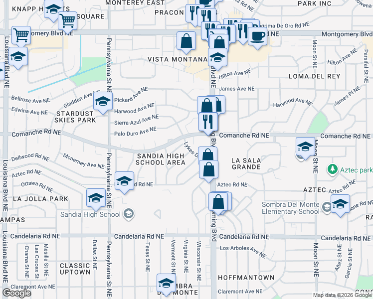 map of restaurants, bars, coffee shops, grocery stores, and more near 3124 Lykes Drive Northeast in Albuquerque