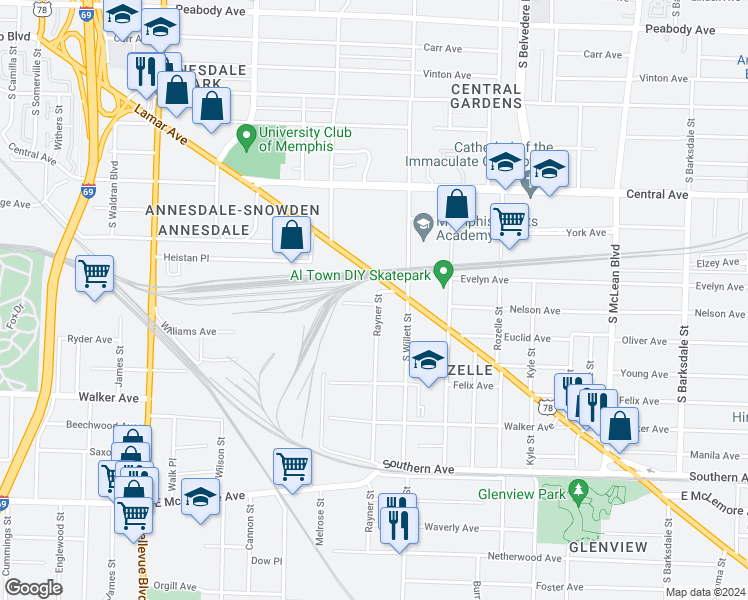 map of restaurants, bars, coffee shops, grocery stores, and more near 865 Rayner Street in Memphis