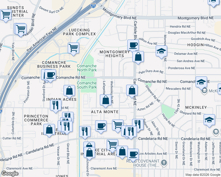 map of restaurants, bars, coffee shops, grocery stores, and more near 3613 Wellesley Drive Northeast in Albuquerque