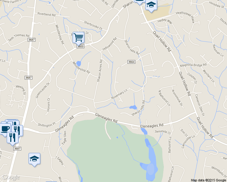 map of restaurants, bars, coffee shops, grocery stores, and more near 6430 Saint John Lane in Charlotte