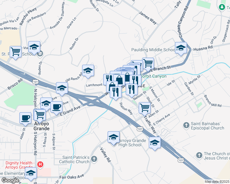 map of restaurants, bars, coffee shops, grocery stores, and more near 145 West Branch Street in Arroyo Grande