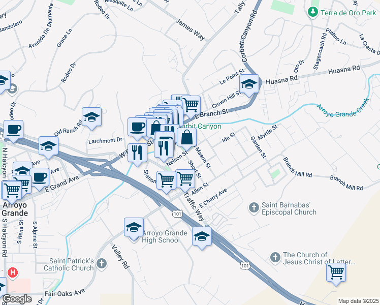 map of restaurants, bars, coffee shops, grocery stores, and more near 208 Nelson Street in Arroyo Grande