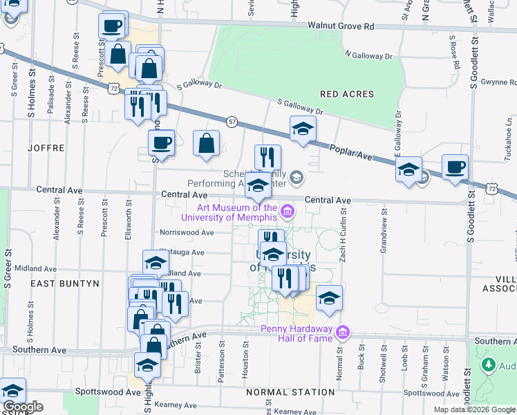 map of restaurants, bars, coffee shops, grocery stores, and more near 330 Fogelman Drive in Memphis