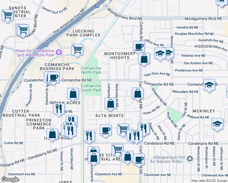 map of restaurants, bars, coffee shops, grocery stores, and more near 3613 Wellesley Drive Northeast in Albuquerque