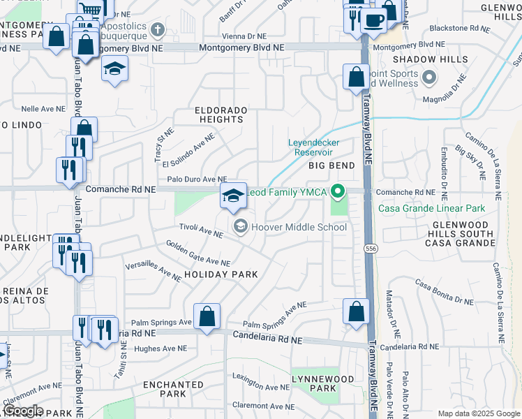 map of restaurants, bars, coffee shops, grocery stores, and more near 3609 Chelwood Park Boulevard Northeast in Albuquerque