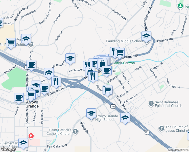 map of restaurants, bars, coffee shops, grocery stores, and more near 137 West Branch Street in Arroyo Grande