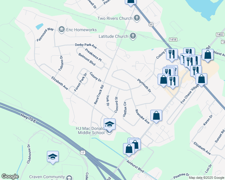 map of restaurants, bars, coffee shops, grocery stores, and more near 1620 York Street in New Bern