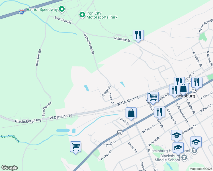 map of restaurants, bars, coffee shops, grocery stores, and more near 505 North Charleston Street in Blacksburg
