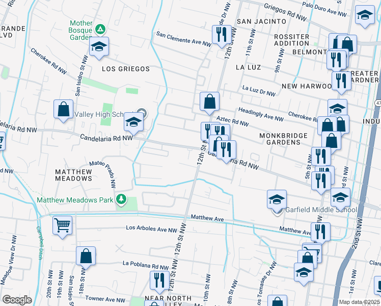 map of restaurants, bars, coffee shops, grocery stores, and more near 1208A Candelaria Road Northwest in Albuquerque