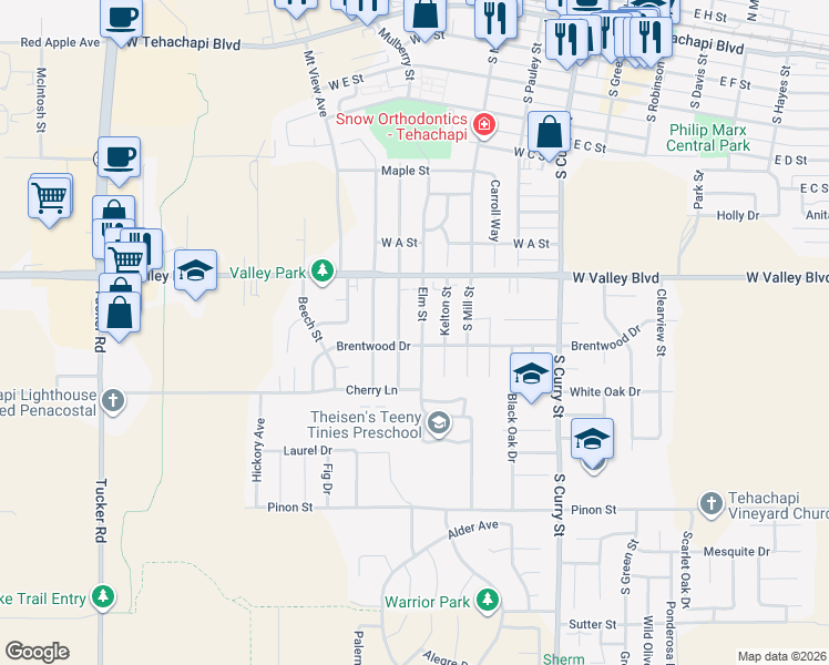 map of restaurants, bars, coffee shops, grocery stores, and more near 817 Elm Street in Tehachapi