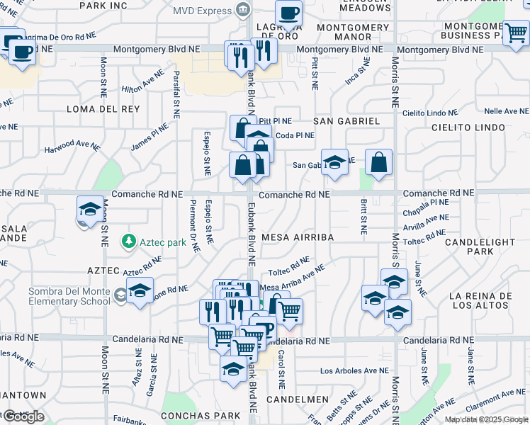 map of restaurants, bars, coffee shops, grocery stores, and more near 3600 Eubank Boulevard Northeast in Albuquerque