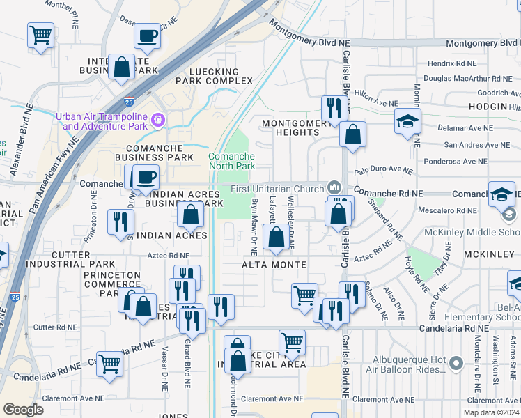 map of restaurants, bars, coffee shops, grocery stores, and more near 3608 Bryn Mawr Drive Northeast in Albuquerque