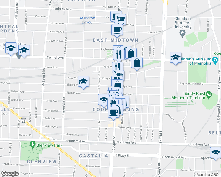 map of restaurants, bars, coffee shops, grocery stores, and more near 826 Cooper Street in Memphis