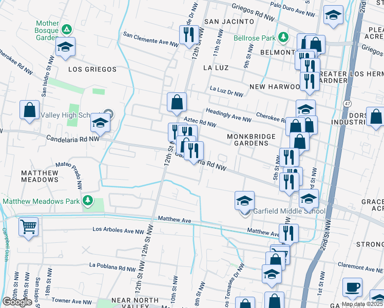 map of restaurants, bars, coffee shops, grocery stores, and more near 1105 Candelaria Road Northwest in Albuquerque