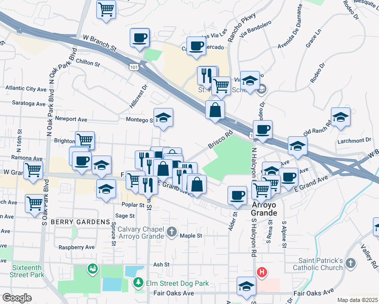 map of restaurants, bars, coffee shops, grocery stores, and more near 171 Brisco Road in Arroyo Grande