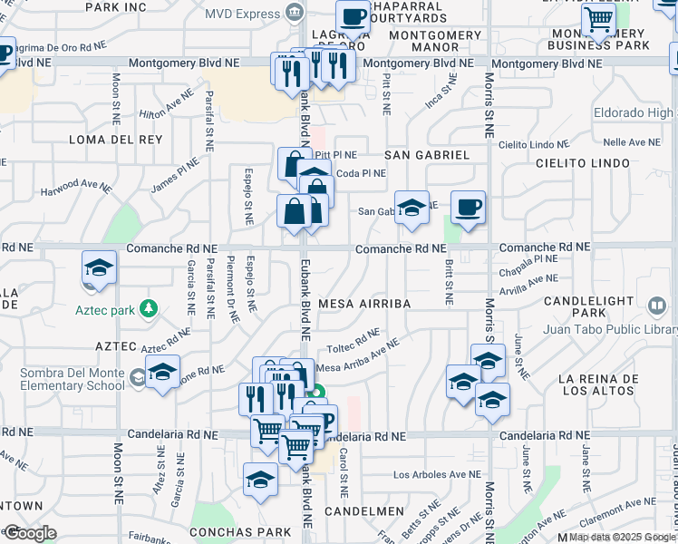 map of restaurants, bars, coffee shops, grocery stores, and more near 3609 Mary Ellen Street Northeast in Albuquerque