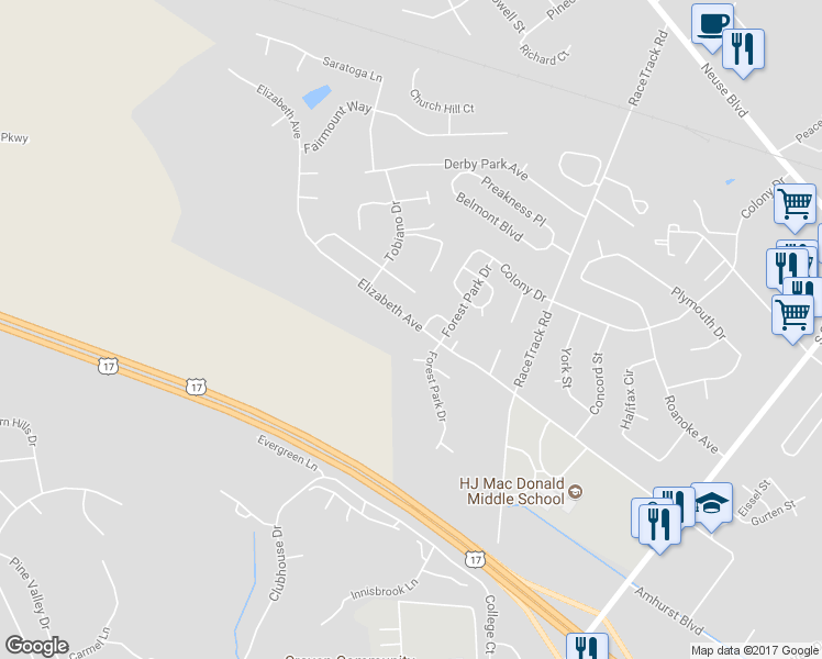 map of restaurants, bars, coffee shops, grocery stores, and more near 3515 Elizabeth Avenue in New Bern