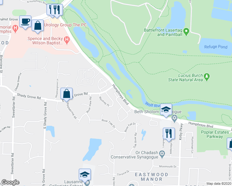 map of restaurants, bars, coffee shops, grocery stores, and more near 976 Village Oak Cove in Memphis