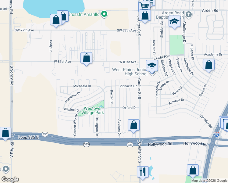 map of restaurants, bars, coffee shops, grocery stores, and more near 8405 Baxter Dr in Amarillo