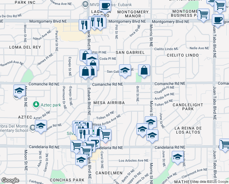 map of restaurants, bars, coffee shops, grocery stores, and more near 9912 Chapala Drive Northeast in Albuquerque