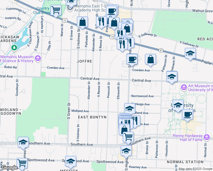 map of restaurants, bars, coffee shops, grocery stores, and more near 335 Prescott Street in Memphis