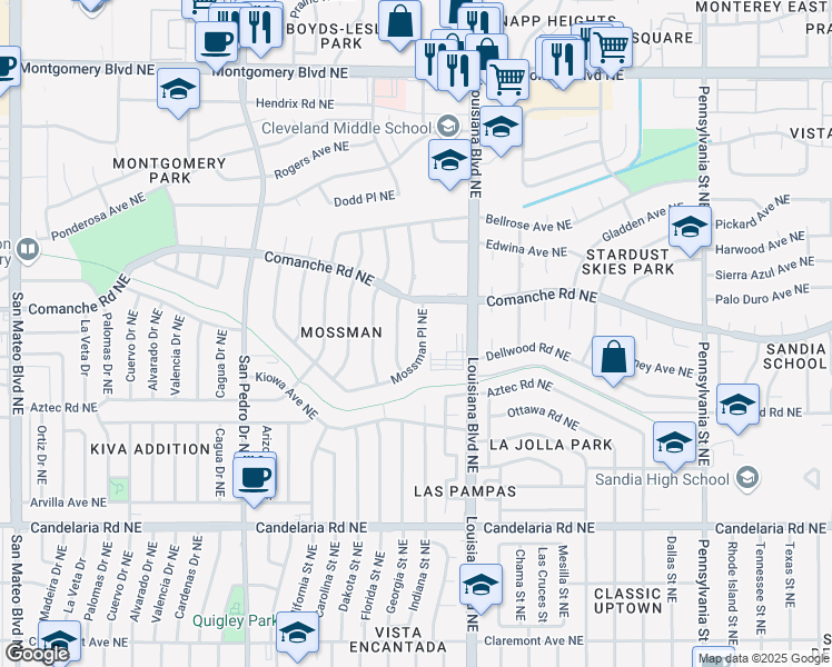 map of restaurants, bars, coffee shops, grocery stores, and more near 6847 Mossman Place Northeast in Albuquerque