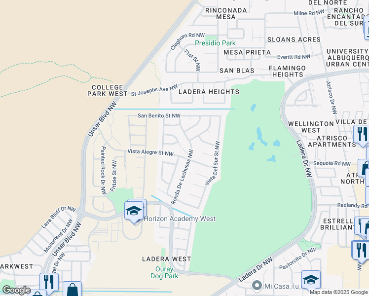 map of restaurants, bars, coffee shops, grocery stores, and more near 3400 Jal Place Northwest in Albuquerque