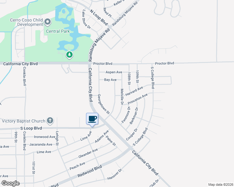 map of restaurants, bars, coffee shops, grocery stores, and more near 10711 Harvard Avenue in California City