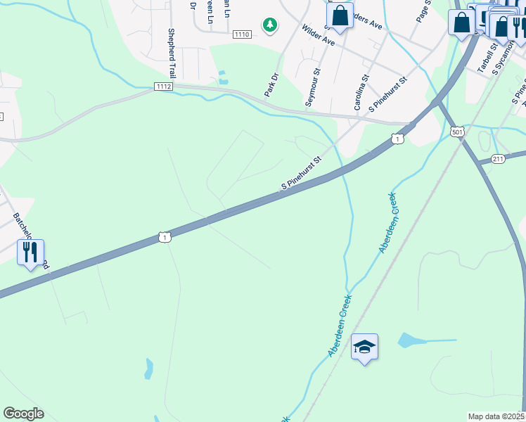 map of restaurants, bars, coffee shops, grocery stores, and more near Old US Highway 1 in Southern Pines