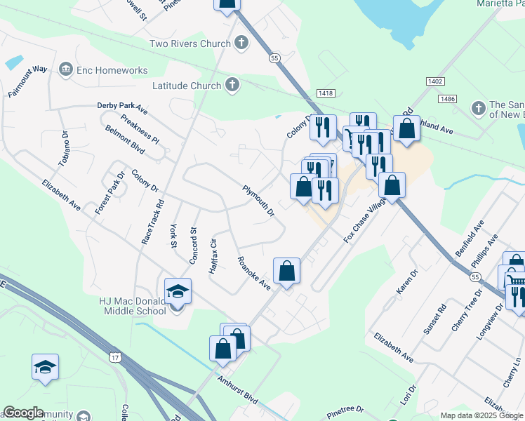 map of restaurants, bars, coffee shops, grocery stores, and more near 1033 Plymouth Dr in New Bern