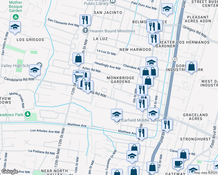 map of restaurants, bars, coffee shops, grocery stores, and more near 3739 Candelarias Lane in Albuquerque