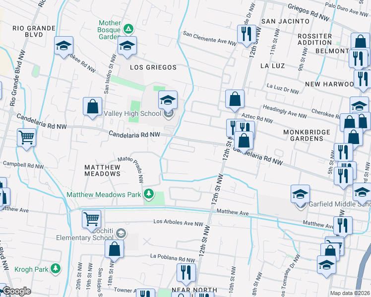 map of restaurants, bars, coffee shops, grocery stores, and more near 1320 Valle Lane Northwest in Albuquerque