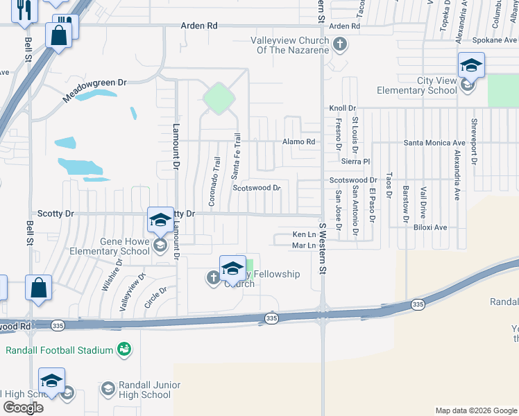 map of restaurants, bars, coffee shops, grocery stores, and more near 8210 Wrangler Trail in Amarillo