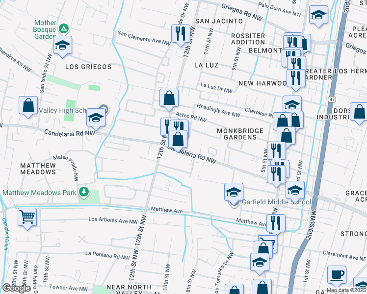 map of restaurants, bars, coffee shops, grocery stores, and more near 1105 Candelaria Road Northwest in Albuquerque