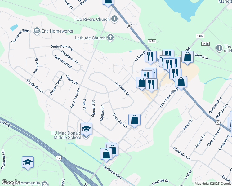 map of restaurants, bars, coffee shops, grocery stores, and more near 1004 Colony Drive in New Bern