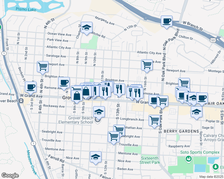 map of restaurants, bars, coffee shops, grocery stores, and more near 210 North 12th Street in Grover Beach