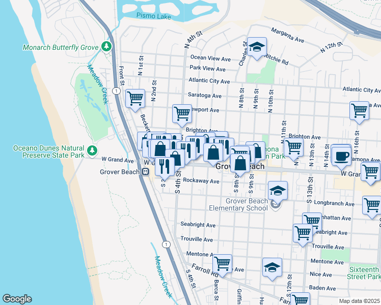 map of restaurants, bars, coffee shops, grocery stores, and more near 466 Ramona Avenue in Grover Beach