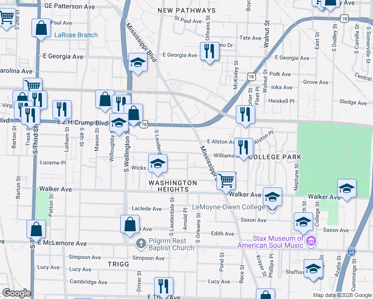 map of restaurants, bars, coffee shops, grocery stores, and more near 598 Williams Avenue in Memphis