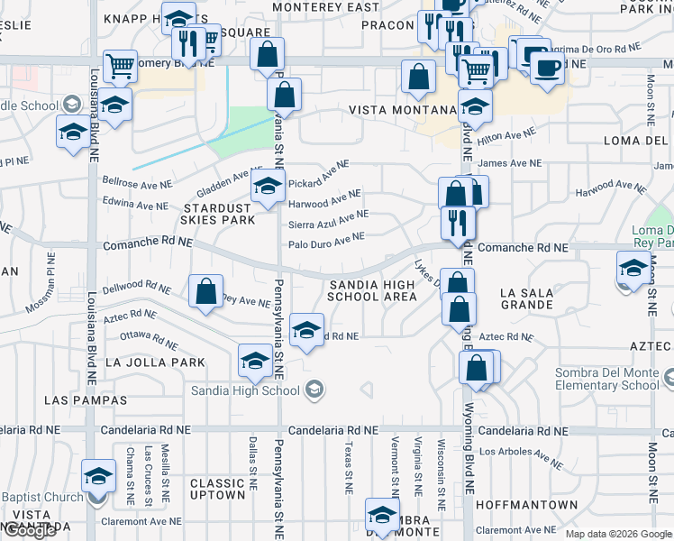 map of restaurants, bars, coffee shops, grocery stores, and more near 3301 Texas Street Northeast in Albuquerque