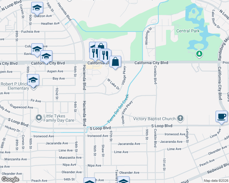 map of restaurants, bars, coffee shops, grocery stores, and more near 20774 Village Court in California City