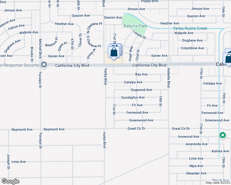 map of restaurants, bars, coffee shops, grocery stores, and more near 71st Street in California City
