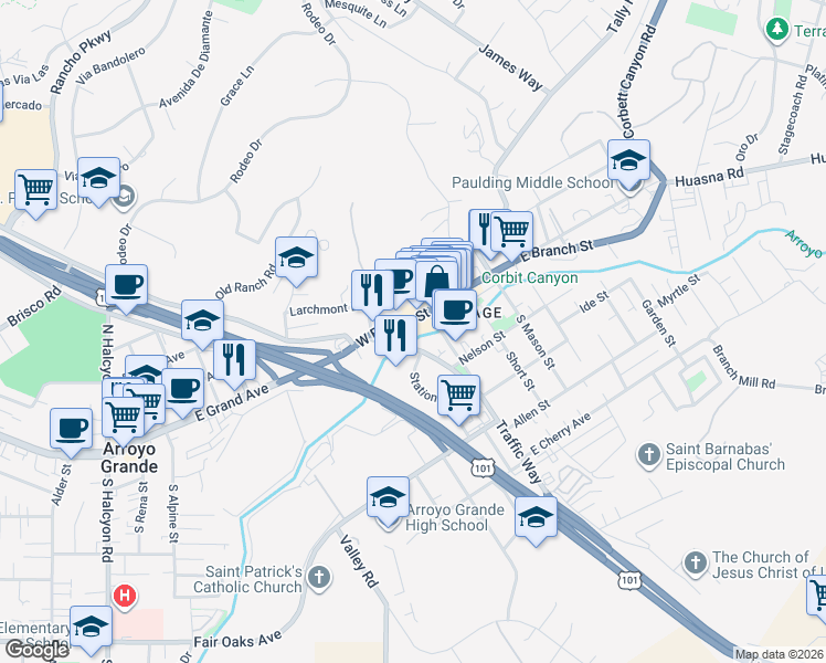 map of restaurants, bars, coffee shops, grocery stores, and more near 125 Traffic Way in Arroyo Grande
