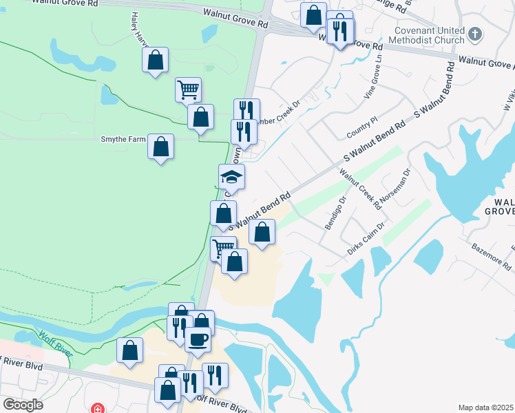 map of restaurants, bars, coffee shops, grocery stores, and more near 293 South Walnut Bend Road in Memphis
