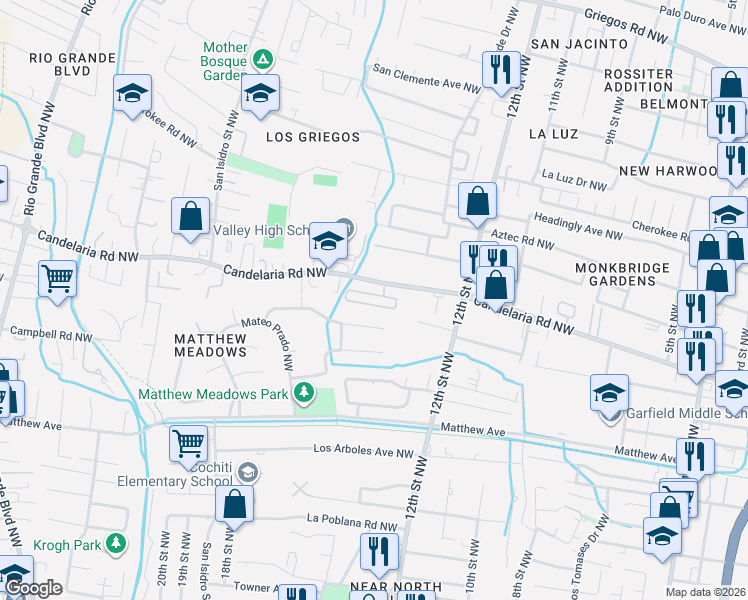 map of restaurants, bars, coffee shops, grocery stores, and more near 1320 Valle Lane Northwest in Albuquerque